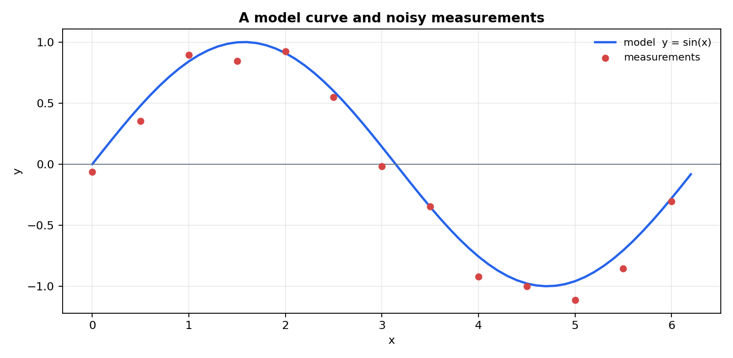 A Matplotlib figure: a model curve drawn as a line and noisy measurements drawn as points, with axis labels and a legend.