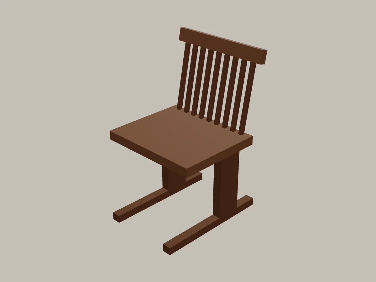 3D mock-up of a cantilever study: a thick plank seat carried on two rear uprights that stand on long sled runners, with a row of slender spindles and a crest rail