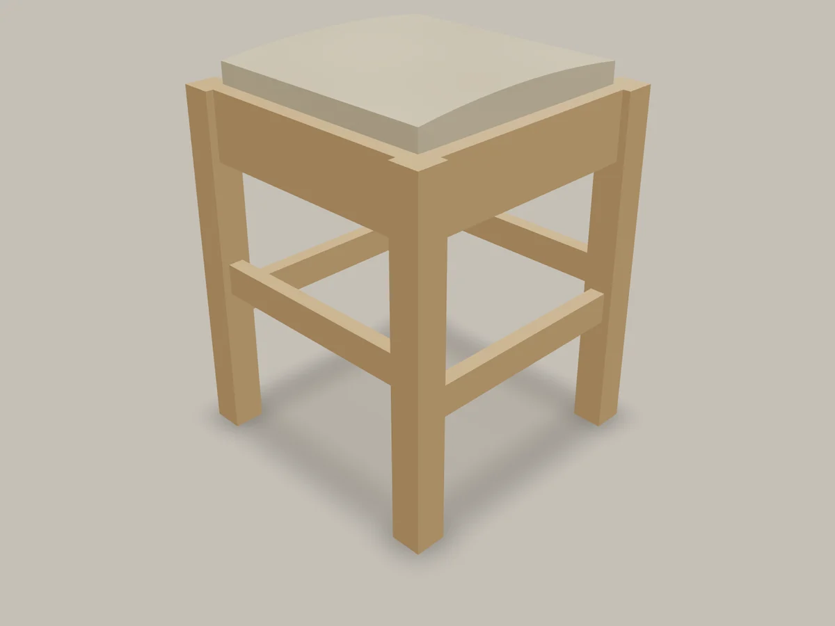 3D mock-up of the four-square stool with a crowned upholstered pad dropped inside its aprons, resting on hidden cleats