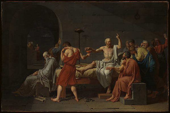 In a stone interior, the seated Socrates reaches toward a cup while raising one hand, surrounded by grieving followers
