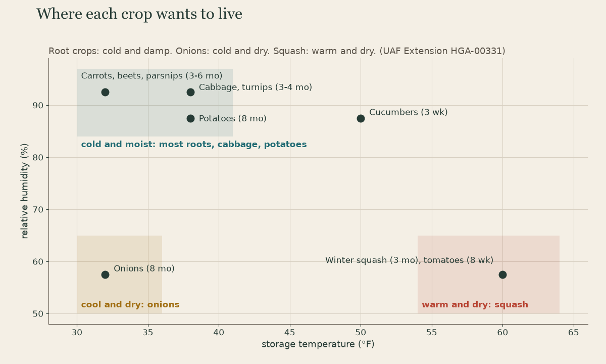 Chart of storage temperature against humidity: carrots, beets, parsnips, cabbage, turnips, and potatoes in the cold, moist corner; onions cold and dry; winter squash and tomatoes warm and dry; cucumbers in between.