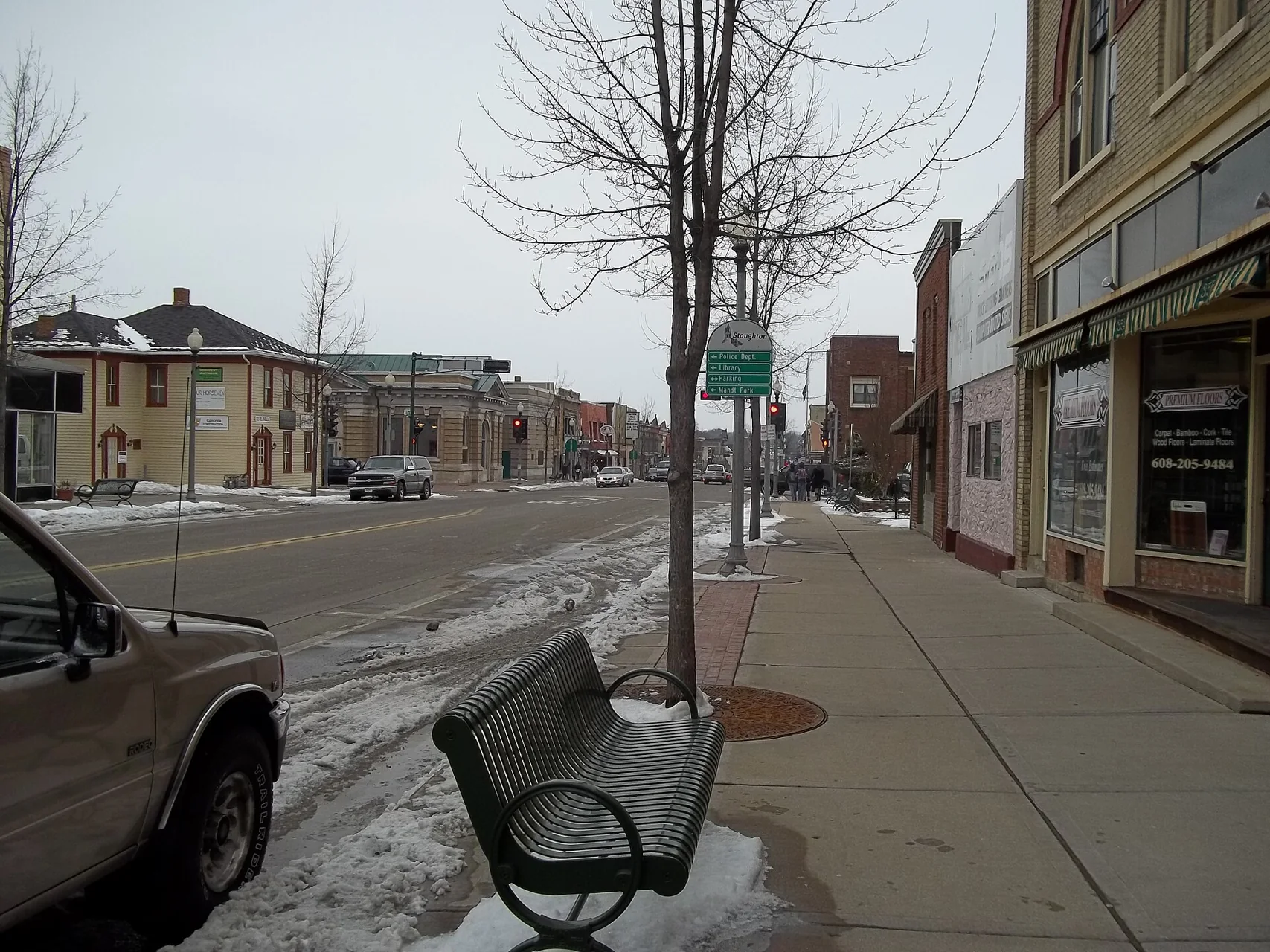 A winter view down Main Street in downtown Stoughton, Wisconsin